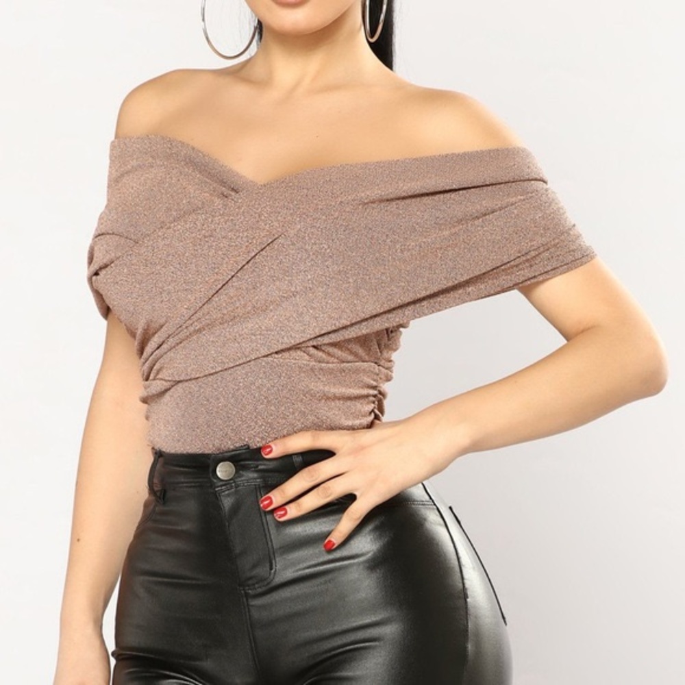 Rose gold off the shoulder bodysuit
